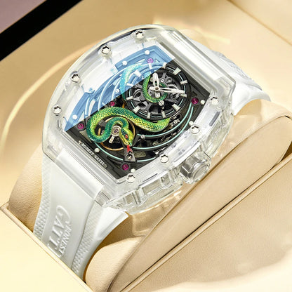 BONEST GATTI Men's Mechanical Watch Sapphire Crystal Double-Sided Hollow Out Luminous 30M Waterproof Snake Pattern Dial Wristwatch