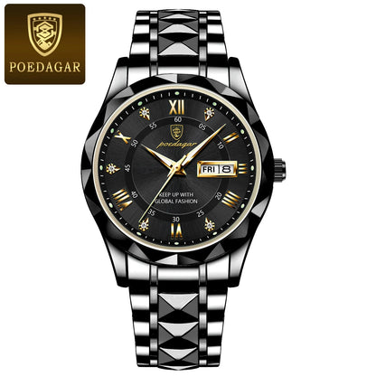 Montre homme POEDAGAR Business Luxury, étanche, en acier inoxydable, lumineuse, avec date et jour de la semaine, style sport, à quartz.