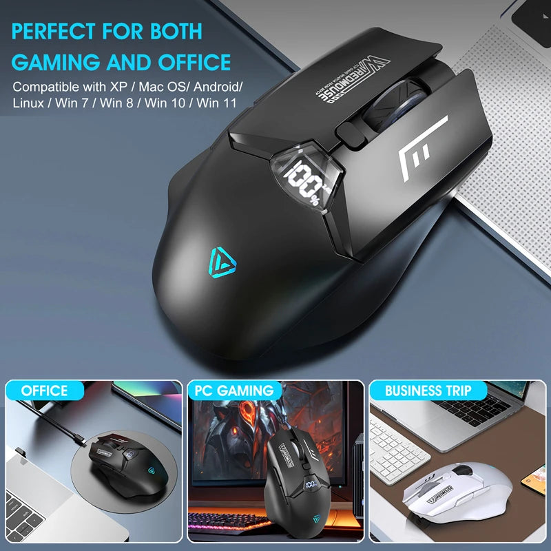 Dvourežimová bezdrátová Bluetooth myš se smart displejem, tichým nabíjením, pro kancelář, gaming, tablet, přenosná univerzální myš