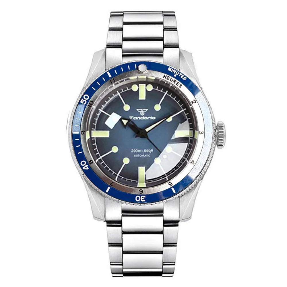 Tandorio NH35A PT5000 Mechanical Mens Watch 20BAR Waterproof Sapphire Luminous Red Black Dial Stainless Steel Bracelet New Clock