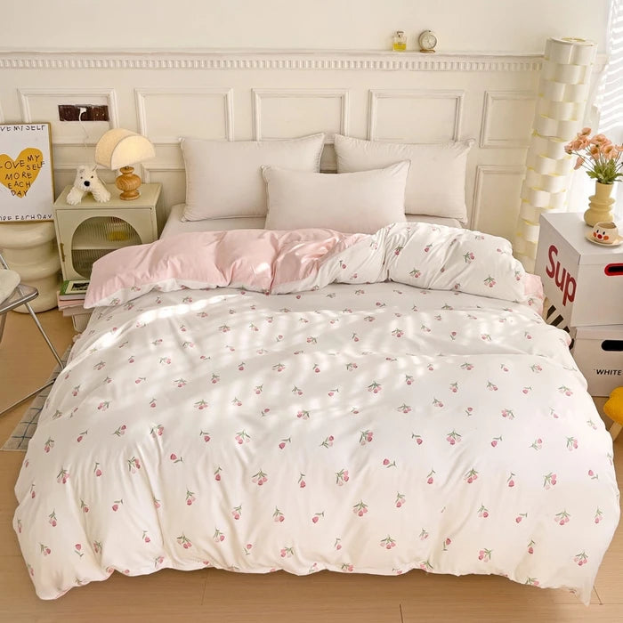 2025 New 3-Piece Cartoon Heart-Shaped Plant Floral Print Set, a Duvet Cover and a Pair of Pillowcases (No Padding)