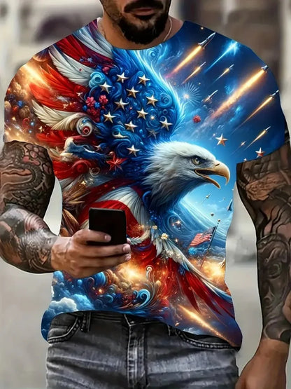 Vyriški patriotiniai marškinėliai su 3D erelio raštu, laisvalaikio, apvalia apykakle, trumpomis rankovėmis, vasarai, madingai aprangai ir lauko veikloms