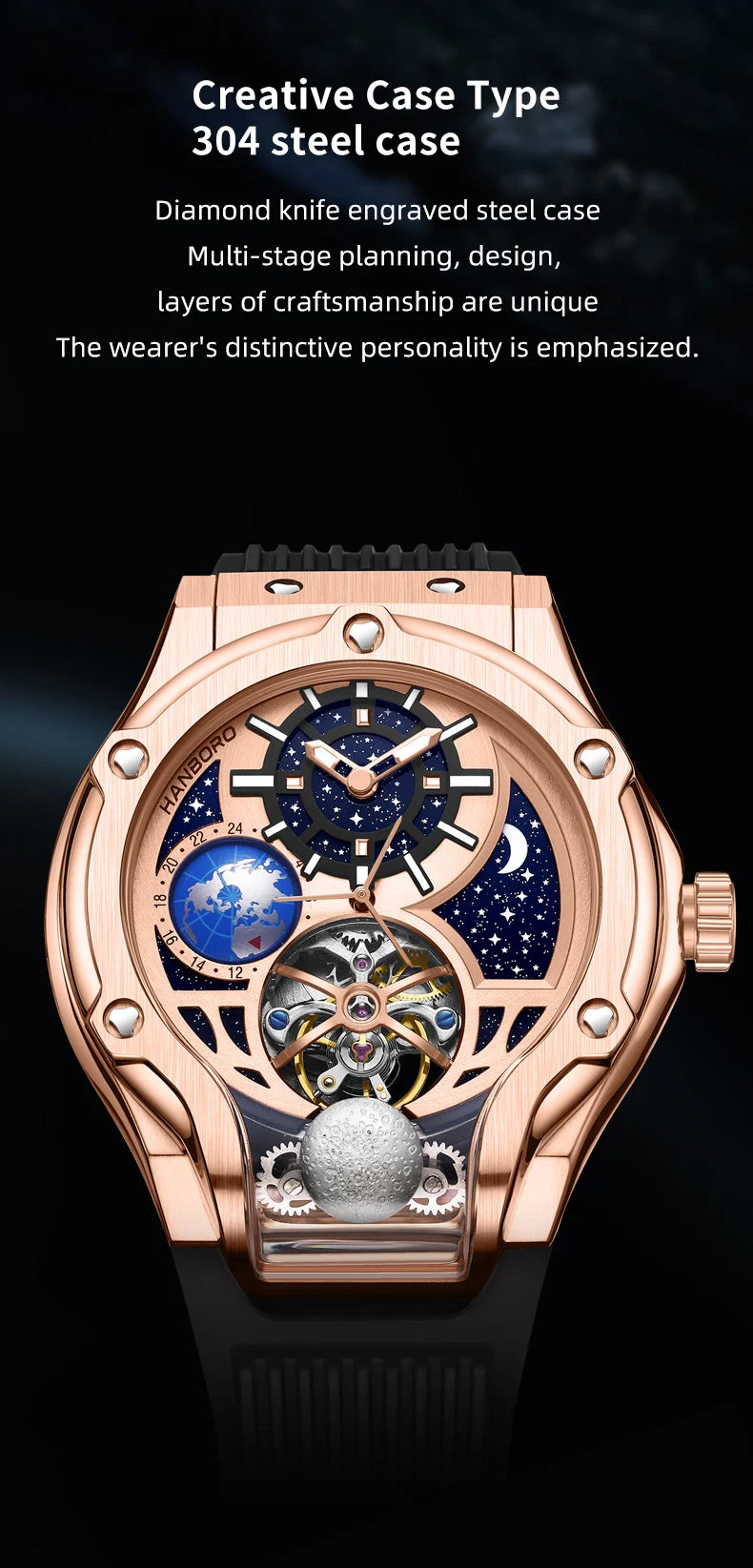 ase Autoy HANBORO Men’s Luxury Automatic Skeleton Watch  Rose Gold Starry Sky Moon Phase Mechanical WristwatchHollow Flywheel Moon Phxury Space Theme Sports Watch 980