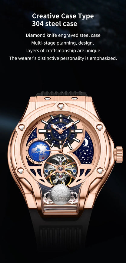 ase Autoy HANBORO Men’s Luxury Automatic Skeleton Watch  Rose Gold Starry Sky Moon Phase Mechanical WristwatchHollow Flywheel Moon Phxury Space Theme Sports Watch 980