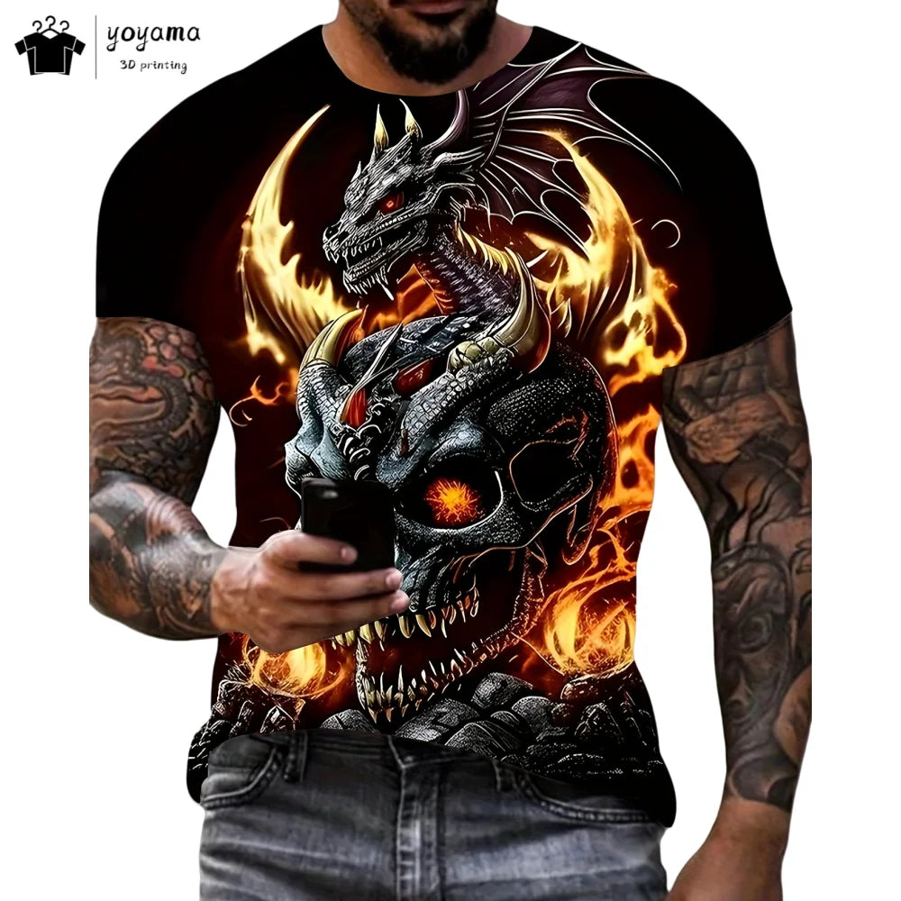 T-shirts de homem com padrão de dragão, manga curta, gola redonda, estilo streetwear, estampado animal 3D, corte largo e versátil, roupa de homem