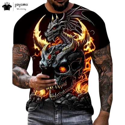 T-shirts de homem com padrão de dragão, manga curta, gola redonda, estilo streetwear, estampado animal 3D, corte largo e versátil, roupa de homem