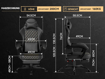 Sedia da gaming ergonomica PINGGO con poggiapiedi e massaggio, in pelle PVC, sedia da ufficio per gaming su PC, portata 150kg