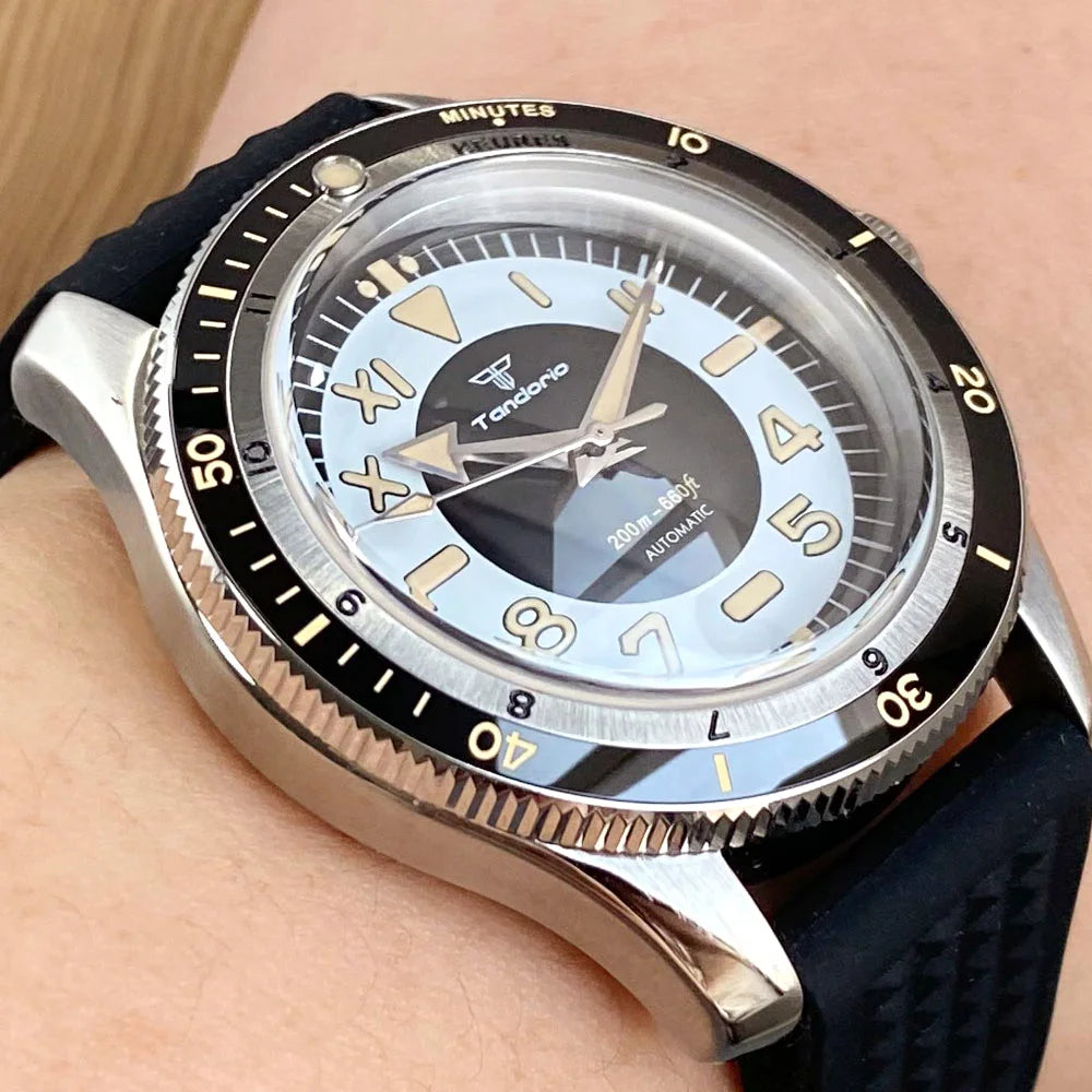 Tandorio NH35A PT5000 Mechanical Mens Watch 20BAR Waterproof Sapphire Luminous Red Black Dial Stainless Steel Bracelet New Clock