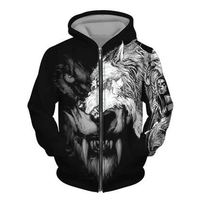 3D Wolf Print Men's Zipper Hoodies Fashion Animal Pattern Top Coat Street Punk Style Oversized Sweatshirts Outdoor Leisure Jackets