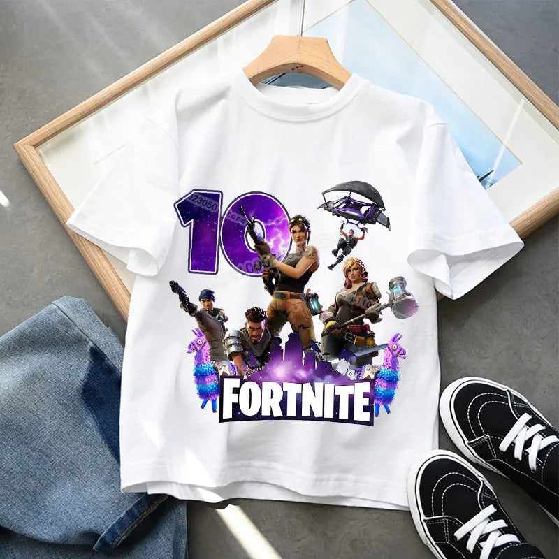Fortnite Kindergeburtstag Zahlen-T-Shirt für Mädchen und Jungen, Sommerkleidung, Baby-Baumwoll-T-Shirt, Party-Kurzarm-Oberteil, Geschenk für Kleinkinder
