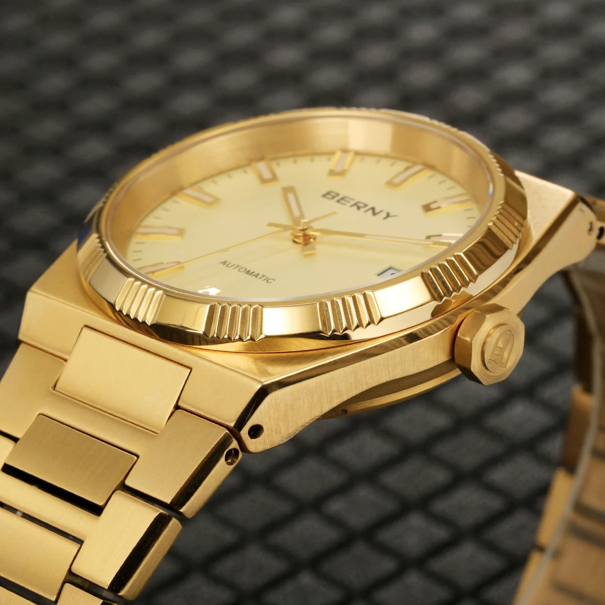 BERNY men’s automatic watch, gold-coloured, sapphire crystal, luminescent hands, 100% genuine, fitted with a PT5000 movement, anti-reflective coating, luxury model with interchangeable bezel, water-resistant to 5 ATM.
