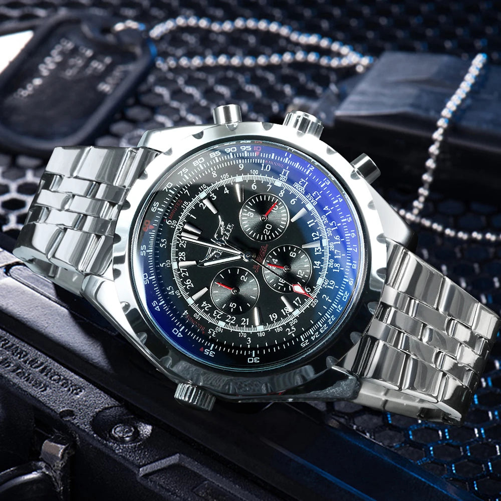 JARAGAR Men’s Luxury Automatic Mechanical Watch  Military Sport Design, Multifunction Dial & Leather Strap
