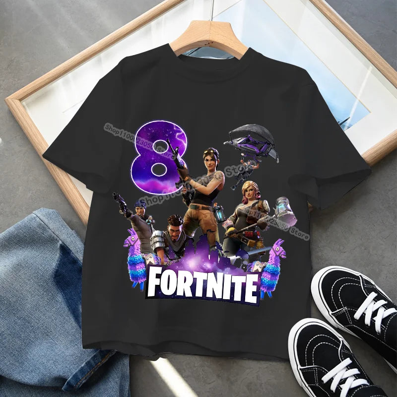 Fortnite Kindergeburtstag Zahlen-T-Shirt für Mädchen und Jungen, Sommerkleidung, Baby-Baumwoll-T-Shirt, Party-Kurzarm-Oberteil, Geschenk für Kleinkinder