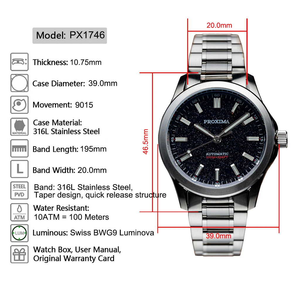 PX1746 New Mens Mechanical Watches Aventurine Dial 100M Waterproof Clock Sapphire Glass Automatic Men Watch Relogio Masculino