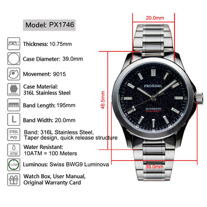 PX1746 New Mens Mechanical Watches Aventurine Dial 100M Waterproof Clock Sapphire Glass Automatic Men Watch Relogio Masculino