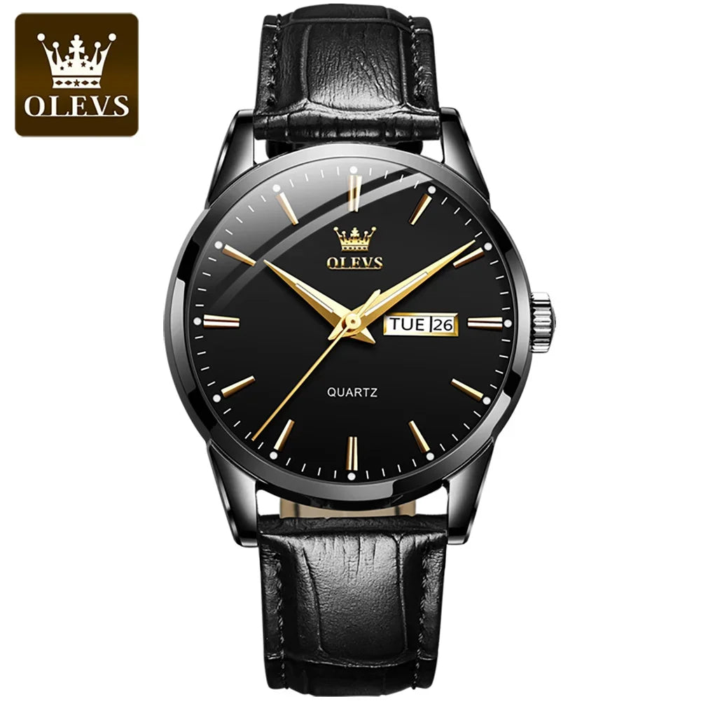 OLEVS-kwartshorloge voor heren – Luxe en elegante stijl, leren band, datum- en dagweergave, waterdicht, ideaal voor op het werk