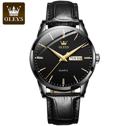 OLEVS-kwartshorloge voor heren – Luxe en elegante stijl, leren band, datum- en dagweergave, waterdicht, ideaal voor op het werk