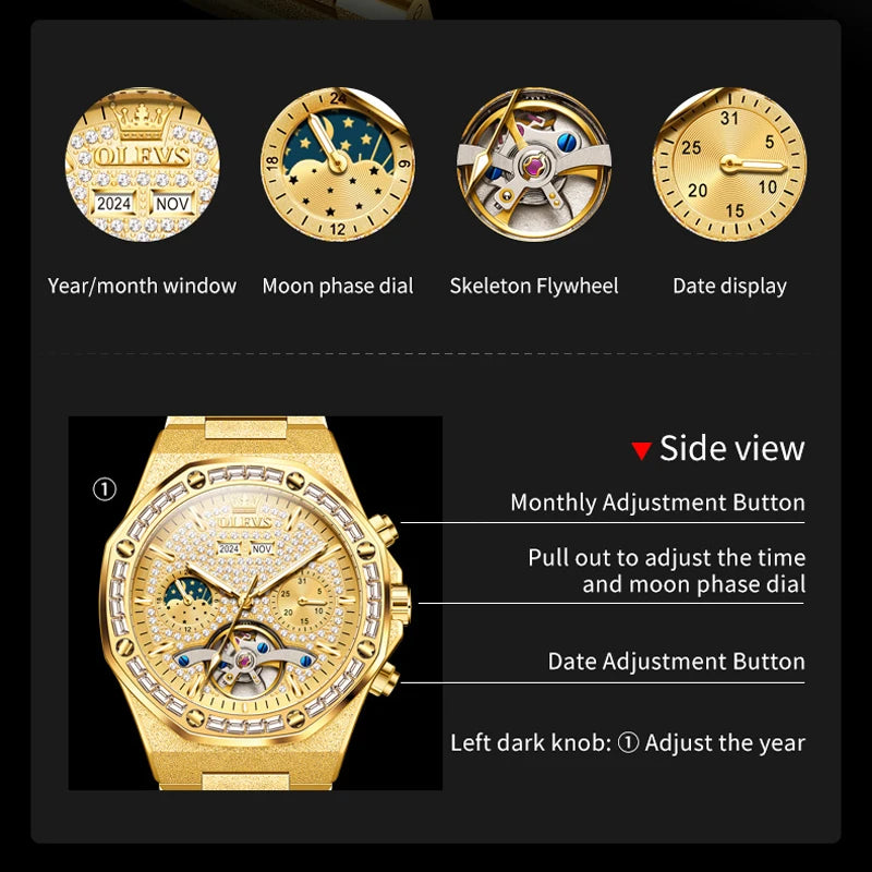 Ceasuri pentru bărbați OLEVS din oțel auriu, ceasuri de lux mecanice automate, ceasuri de mână sport, rezistente la apă, cu tourbillon, Reloj Hombre
