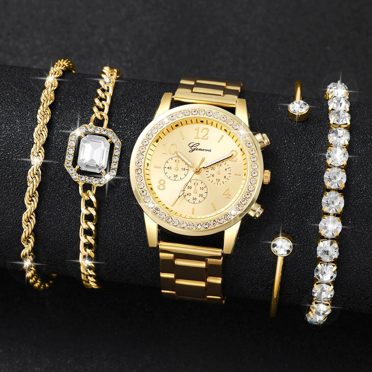 5PCS Luxury Diamond Women Watches Bracelet Set Ladies Arabic Dial Quartz Wristwatches Reloj Mujer (Without Box)
