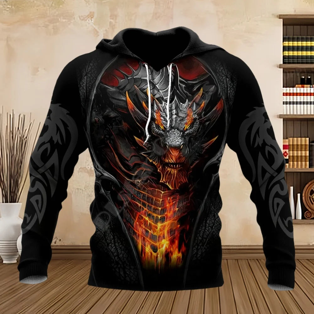 Sweatshirts med tatoveringsdrage, forår og efterår, 3D-print, hættetrøjer til mænd, langærmede unisex streetwear-sweatshirts, casual sweatshirts til mænd