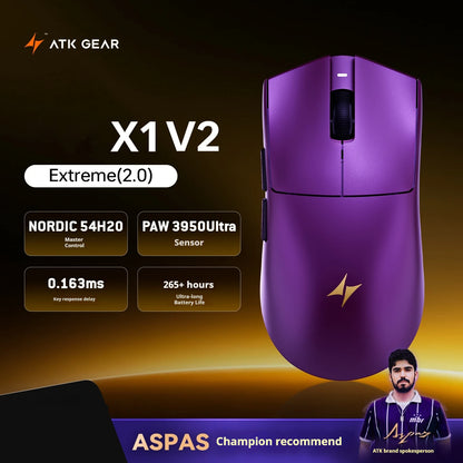 ATK X1 V2 Ultimate 2.0 безжична мишка Paw3950 Utrla 54g лека 750ips 0.163ms ниска латентност 650ips геймърски нов аксесоар подаръци