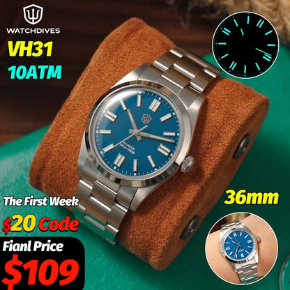 Watchdives WD1016 V3 36Mm Vintage Watch VH31 Sweep Quartz Watches Man Enamel Blue K1 Bubble Mirror Sapphire Lumes 10Atm Relojes