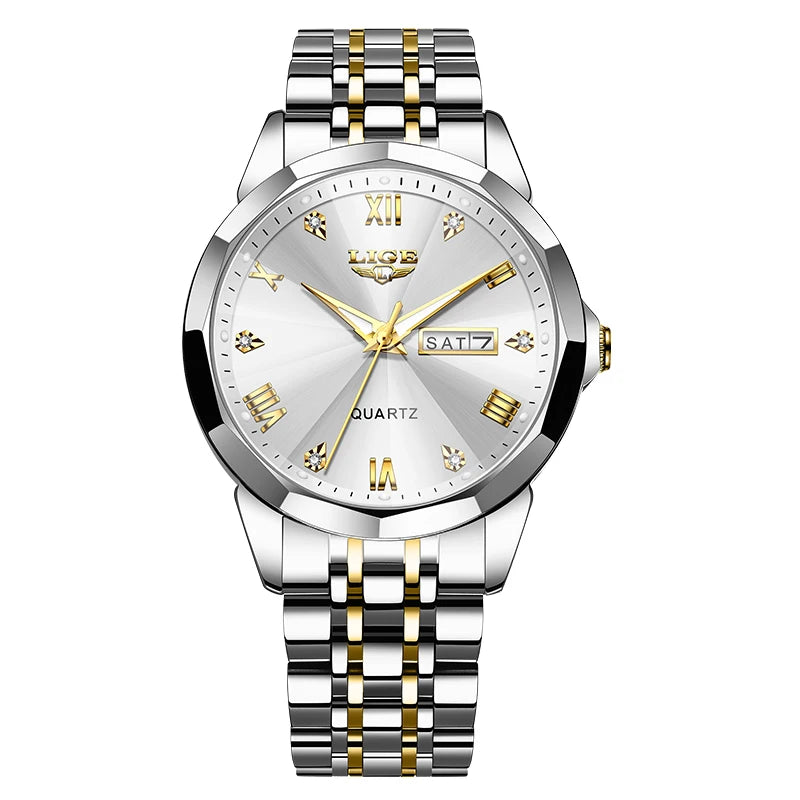 Relógio de pulso de quartzo para mulher LIGE – Elegante e luxuoso, com indicação da data e do dia da semana – Relógio simples e à prova de água, ideal como presente para mulher