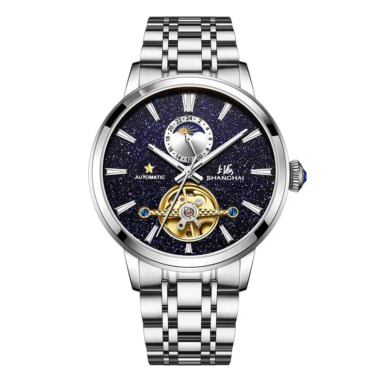 Ceasuri pentru bărbați Shanghai Watch Flywheel cu calendar, cadran Starlight, ceas de mână mecanic automat, oțel inoxidabil 316L, model S8609