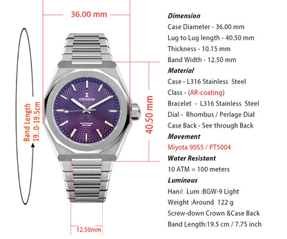 Cronos Luxury Men's Watch 36mm Automatic PT5004 Miyota 90S5 Wristwatches Sapphire 10ATM See-through Case Back L6050 men's watch