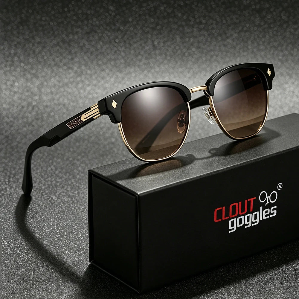 CLOUT GOGGLES Business Sunglasses Male Female Metal Polygon Rivet Half Frame Outdoor Driving Ultraviolet Protection Sun Glasses