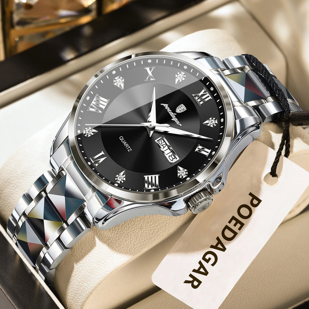 Montre pour homme POEDAGAR, modèle de luxe original, étanche, lumineuse, avec affichage de la date et du jour, style élégant, boîtier en acier inoxydable, mouvement à quartz, idéale pour le travail.