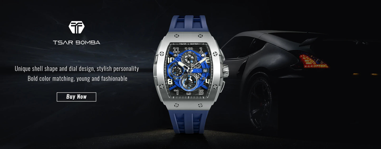 Reloj TSAR BOMBA para hombre, marca de lujo, diseño tonneau, impermeable, de acero inoxidable, reloj de pulsera de moda rectangular para hombre