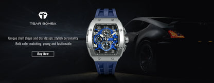 Reloj TSAR BOMBA para hombre, marca de lujo, diseño tonneau, impermeable, de acero inoxidable, reloj de pulsera de moda rectangular para hombre