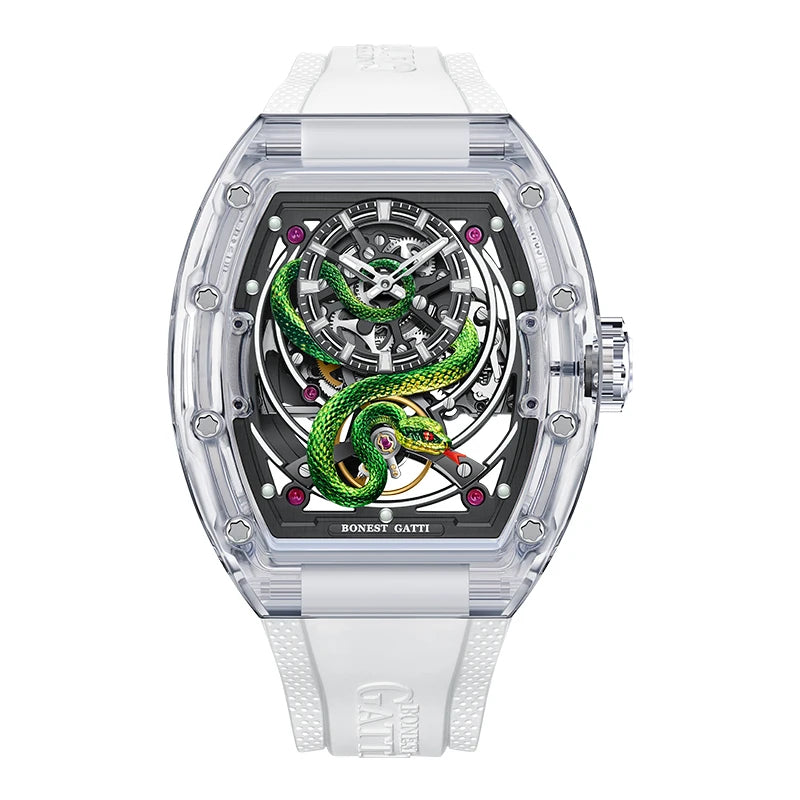 BONEST GATTI Men's Mechanical Watch Sapphire Crystal Double-Sided Hollow Out Luminous 30M Waterproof Snake Pattern Dial Wristwatch