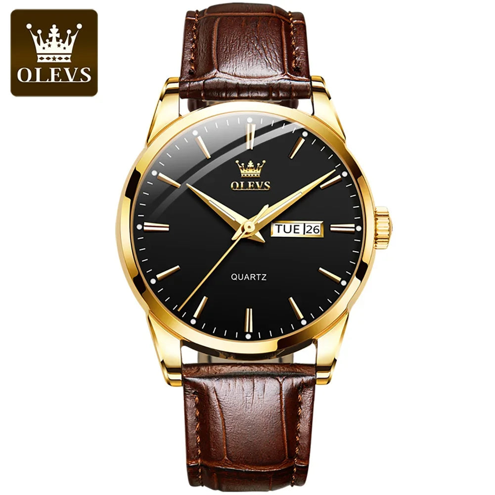 OLEVS-kwartshorloge voor heren – Luxe en elegante stijl, leren band, datum- en dagweergave, waterdicht, ideaal voor op het werk