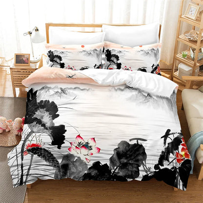 Juego de funda nórdica con pintura de bambú, ropa de cama de estilo chino, conjunto juvenil de lino para cama Queen Size, funda para edredón, ropa de cama de moda