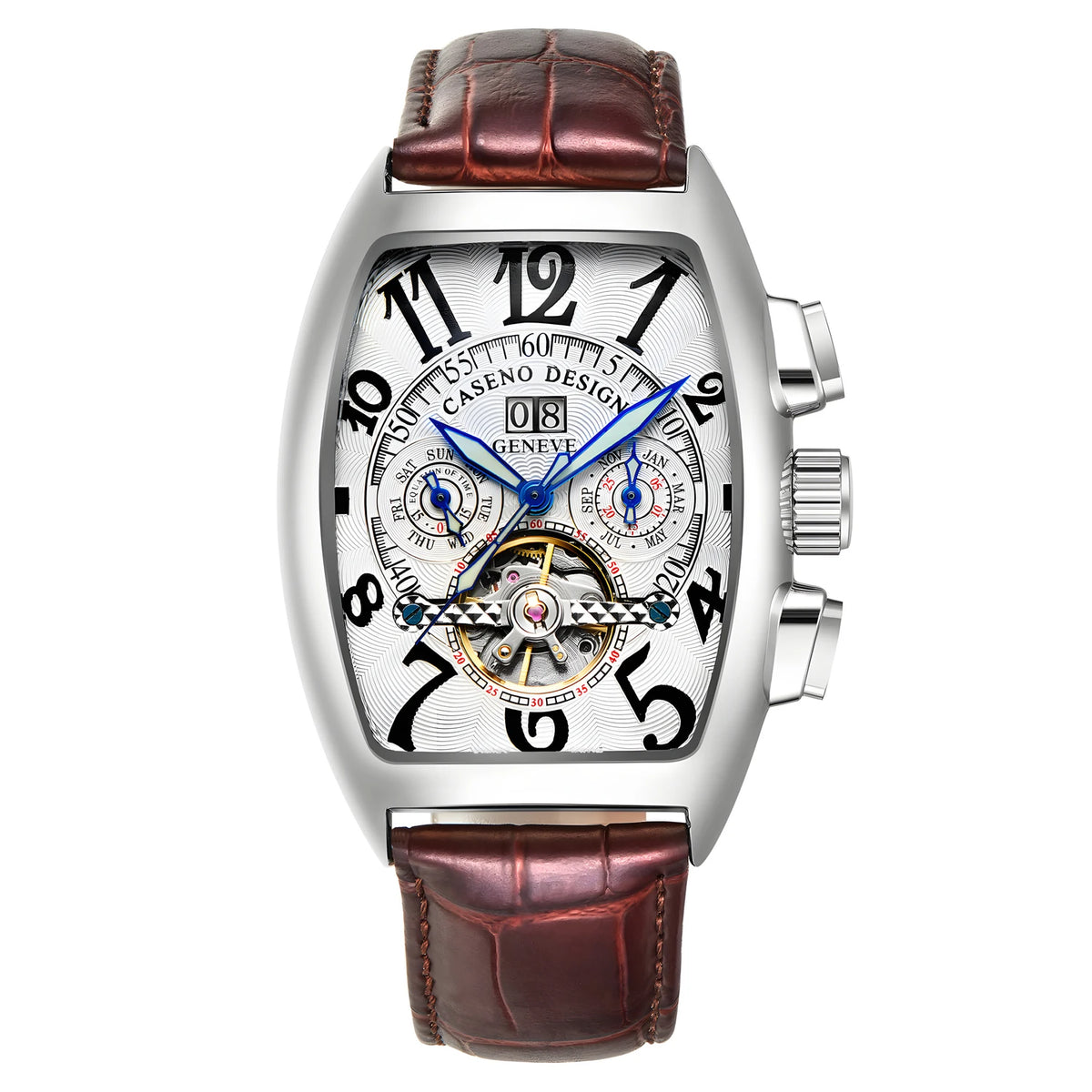 CASENO Top Luxury Brand Men's Fully Automatic Mechanical Tourbillon Watch Calendar Night Glow Tonneau Skeleton Watch -577G