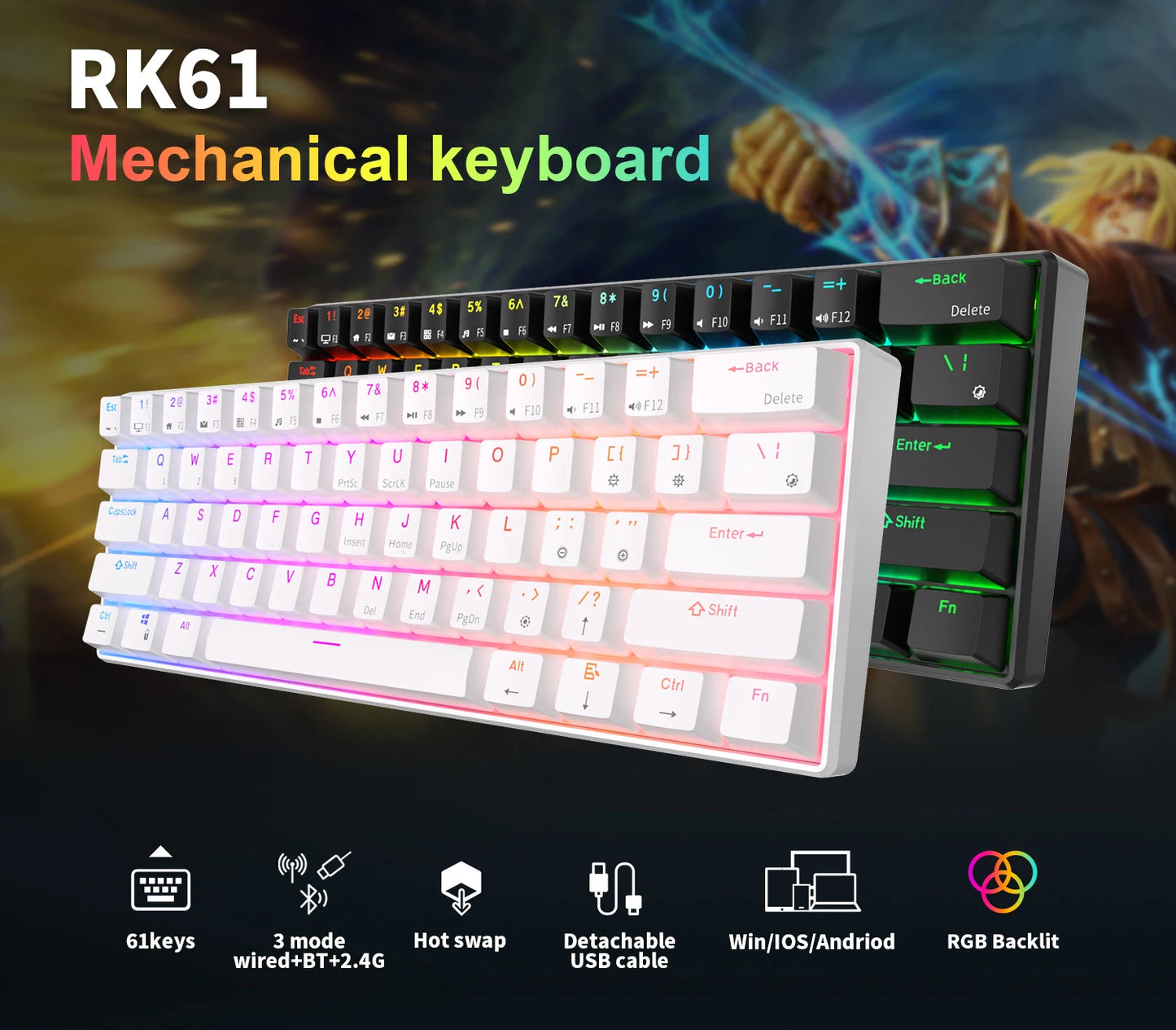 Teclado Mecânico Gaming RK Royal Kludge RK61 2.4G Sem Fios Bluetooth Tri-Mode 61 Teclas RGB Retroiluminado Mini Hot-swappable