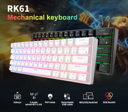 Teclado Mecânico Gaming RK Royal Kludge RK61 2.4G Sem Fios Bluetooth Tri-Mode 61 Teclas RGB Retroiluminado Mini Hot-swappable