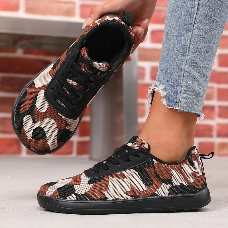 Camouflage-damesko med bred tå, åndbart mesh, komfortable barfodssko med flad sål, nye bløde såler, Chaussure De herresneakers