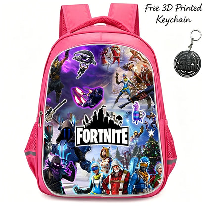 FORTNITE 16-inch Durable Lightweight Backpack, Dual Zipper Pockets, Cartoon Style for Boys & Girls 6-10,Free 3D Printed Keychain