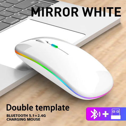 Wireless Mouse with Bluetooth and 2.4GHz Dual Modes Rechargeable RGB Ergonomic Silent Click for PC iPad Laptop Cell Phone TV