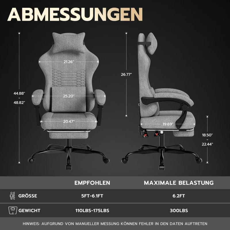 Ergonomic Gaming Chair Fabric Office Chair with Footrest, Adjustable Swivel Desk Chair with Headrest, Comfortable Racing Style Gaming Seat