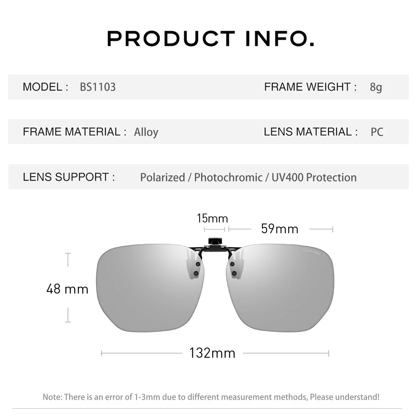 CAPONI New Sunglasses Clip For Men Square Polarized Photochromic Glasses Clip Flipped Up Protect Eyes Light Clip On Frame BS1103