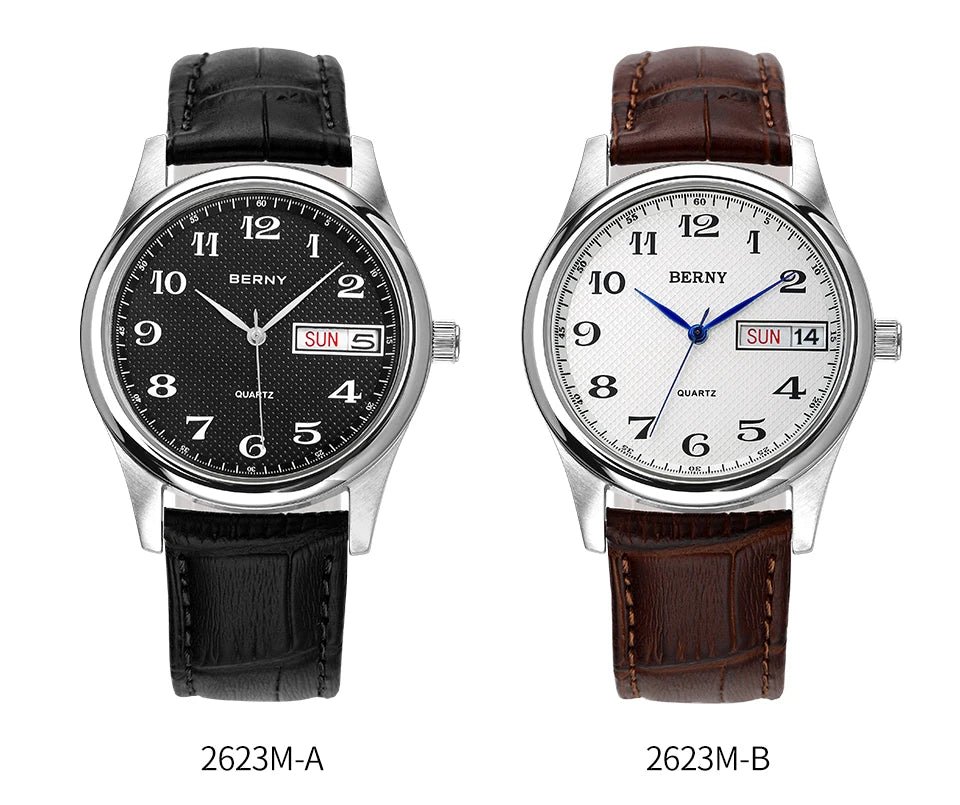 BERNY Men's Watch Quartz Day Top Calendar Wristwatch Waterproof Blued Steel Hands Arabic Numerals Easy Read Relogio Masculino