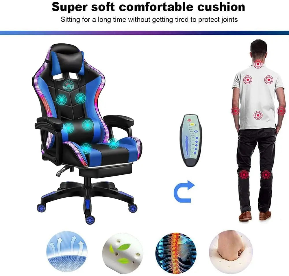 RGB Gaming Chair Ergonomic Massage Chair with LED Lights, Bluetooth Speakers, Footrest, Lumbar Support, Reclining High Back E-Sports Chair