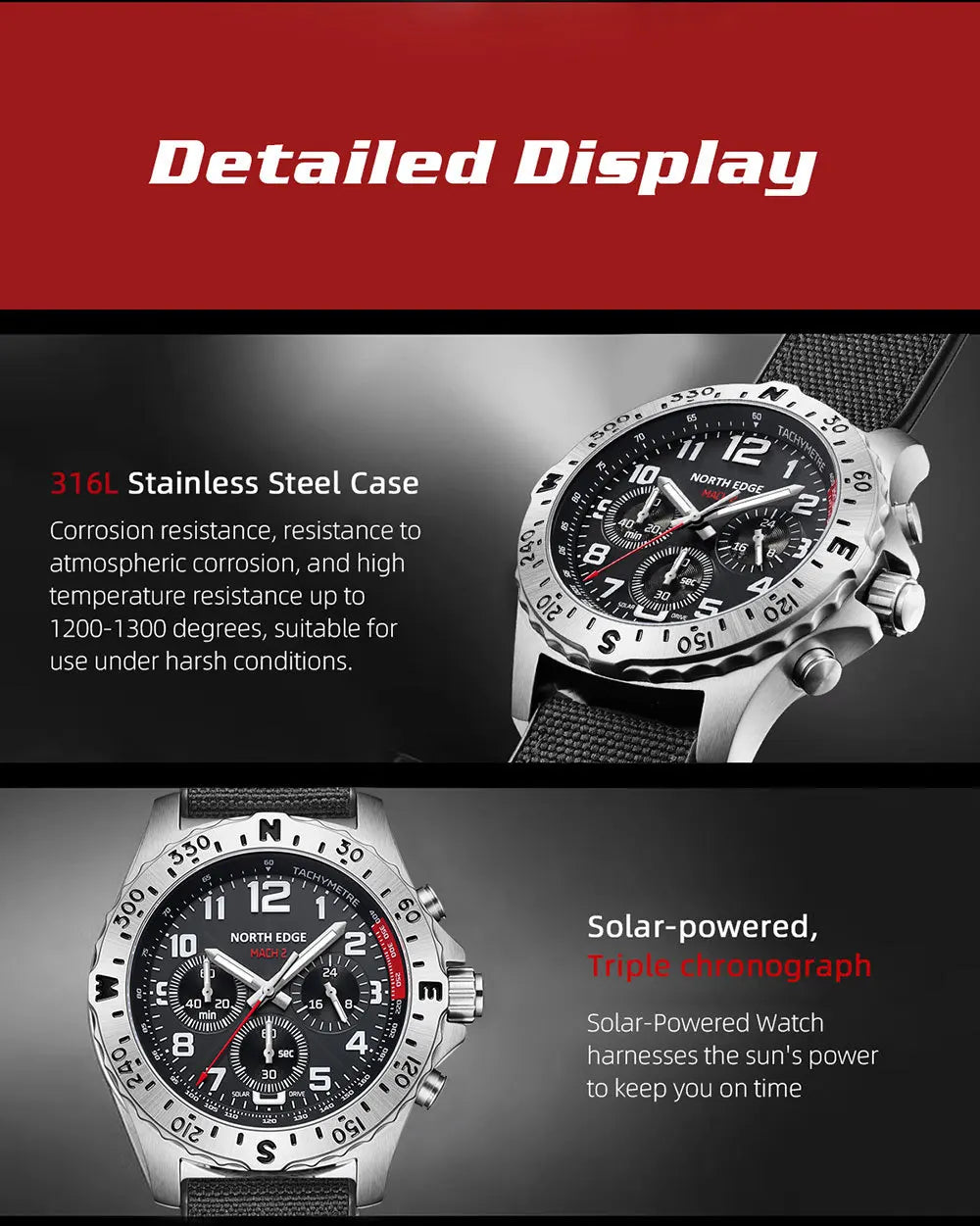 NORTH EDGE Men's Watches Solar Power 316 Stainless Steel Case Quartz Watch for Men Pilot Waterproof 50M Stopwatch