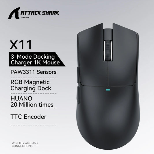 Herní myš ATTACK SHARK X11 a bezdrátová myš X11 SE, 22000 DPI, snímač PAW3311, BT/2.4G/kabelové připojení, lehká 59g konstrukce, 2000W kliknutí