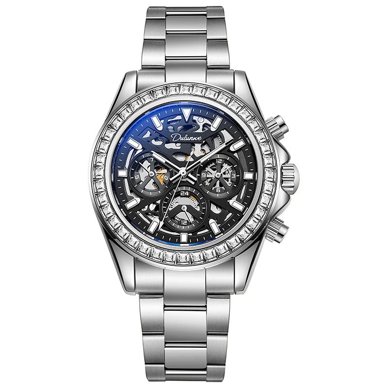 Diamond Bezel Stainless Steel Automatic Watch Fashion Mulitfunction Waterproof Luminous Mechanical Watches for Men