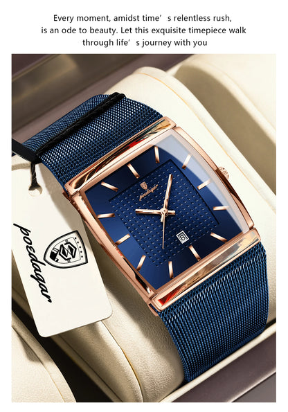 POEDAGAR Men’s Luxury Rectangle Quartz Watch Stainless Steel Mesh Strap, Luminous Dial & Date